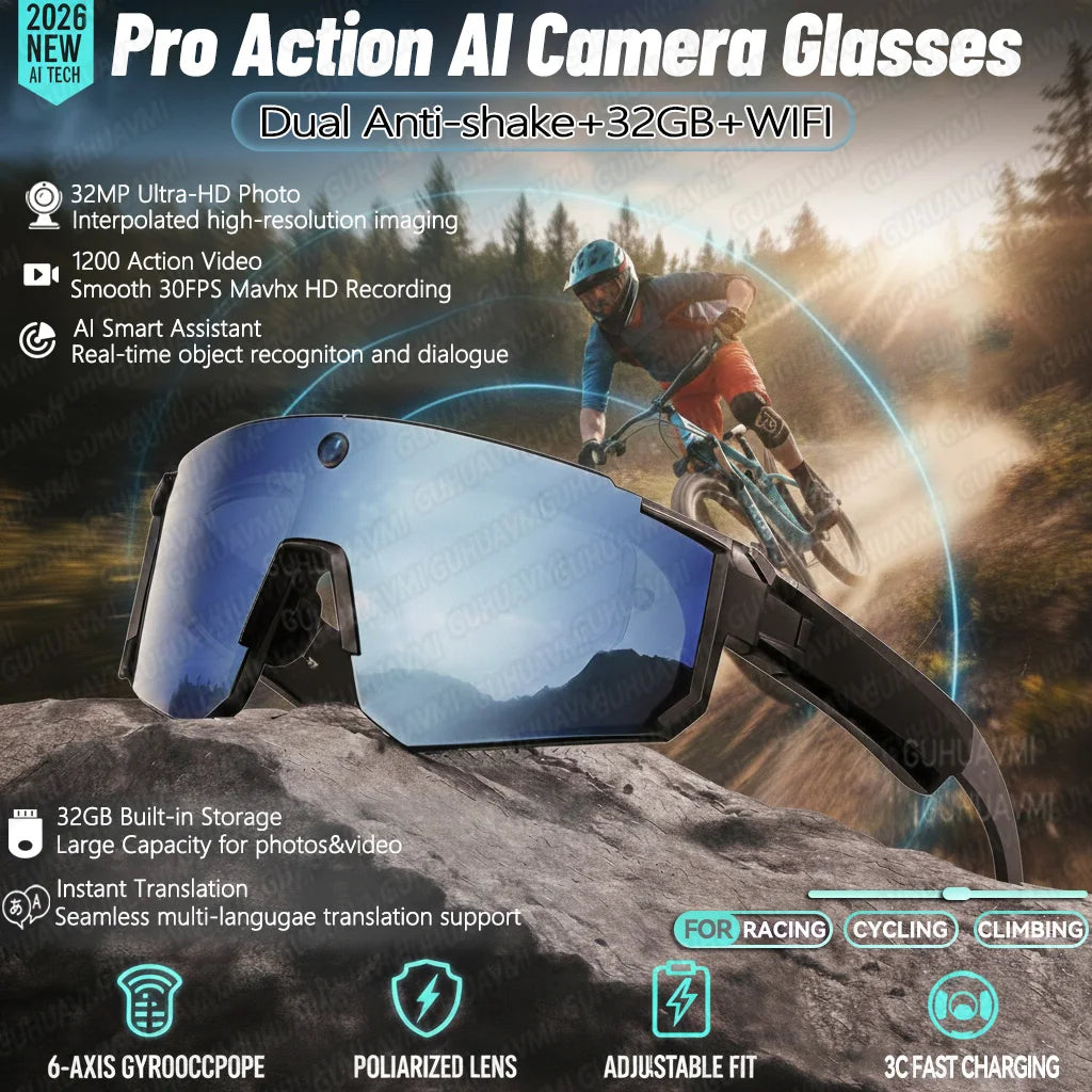 New AI Smart Shooting&Recording Glasses with 800W Camera HD Anti-Shake Bicycle Riding Shooting Artifact Windproof Goggles 2026