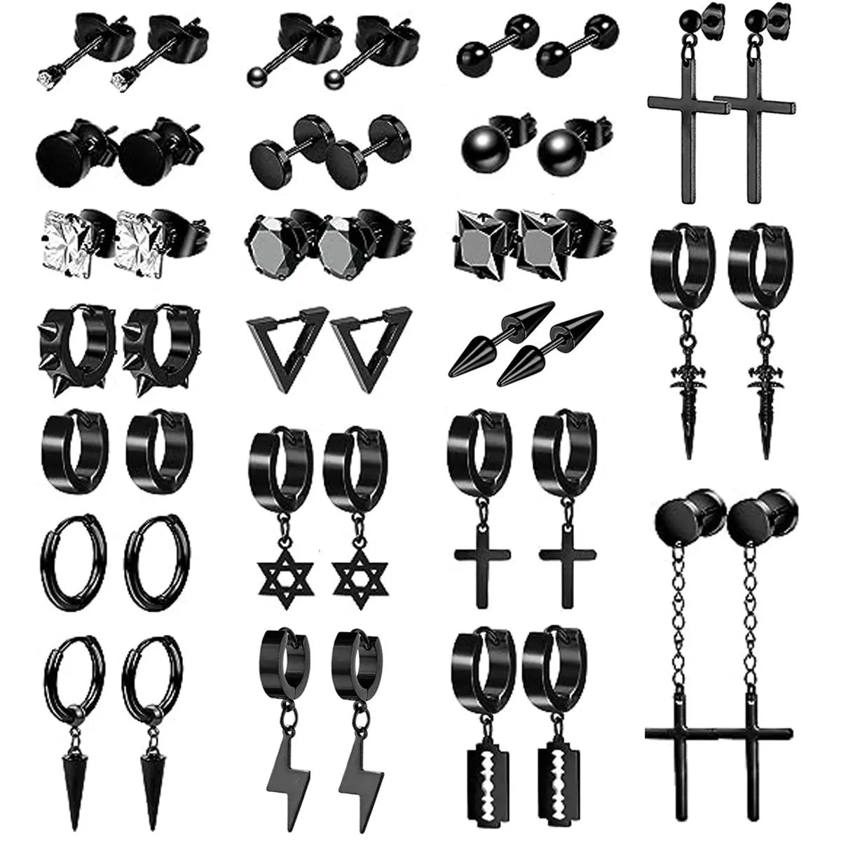 22 piece black men's earring set stainless steel small hug circle earrings cross studs and earrings
