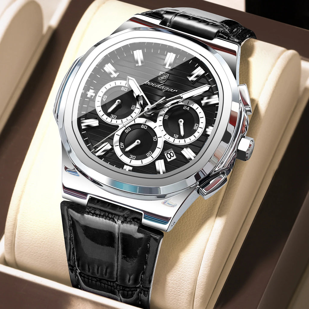 POEDAGAR Top Original Man Watch Leather Waterproof Luminous Fashion Men Clock