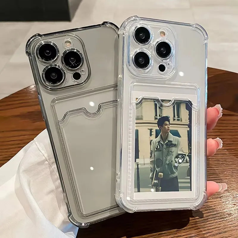 Transparent Card Slot Bag Holder Case For iPhone 17 18 Pro 16 15 13 11 12 14 Pro Max Plus 16e Clear Wallet Shockproof Soft Cover