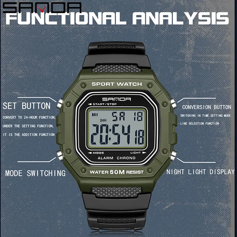 SANDA 2156 Fashion Mens Watch Military Water Resistant Sport Watches Army Big Dial Led Digital Wristwatches Stopwatches For Male
