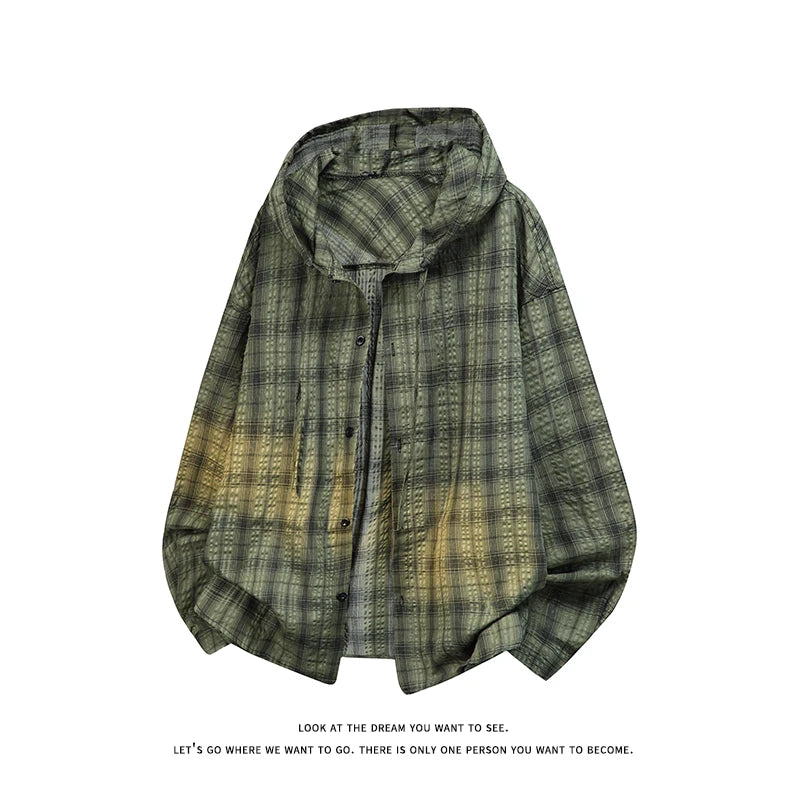 Unisex Plaid Long Sleeve Hooded Shirt Loose Sun Protection Outerwear American Retro Couple's Shirt Jacket Men's Top
