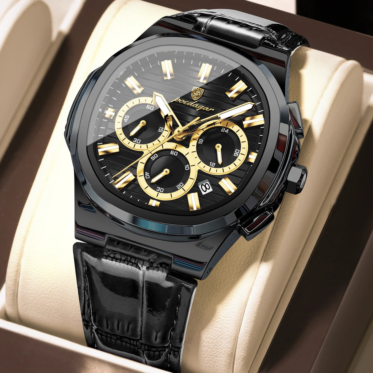POEDAGAR Top Original Man Watch Leather Waterproof Luminous Fashion Men Clock