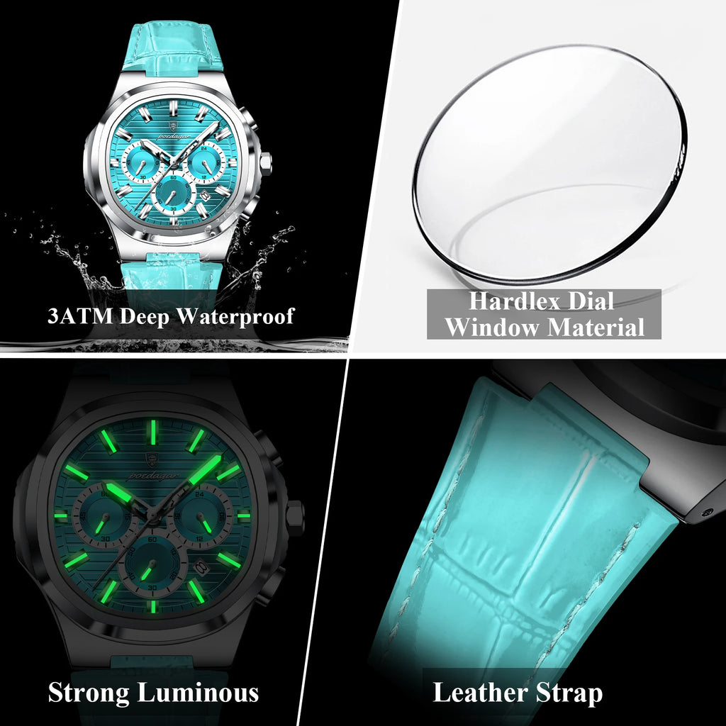 POEDAGAR Top Original Man Watch Leather Waterproof Luminous Fashion Men Clock