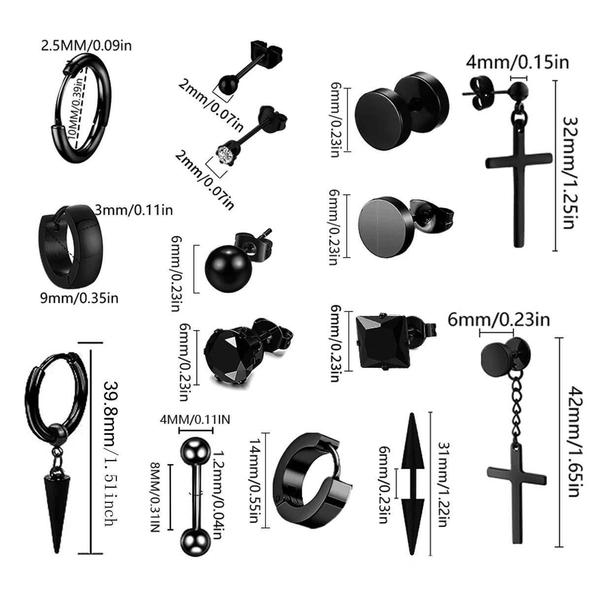 22 piece black men's earring set stainless steel small hug circle earrings cross studs and earrings