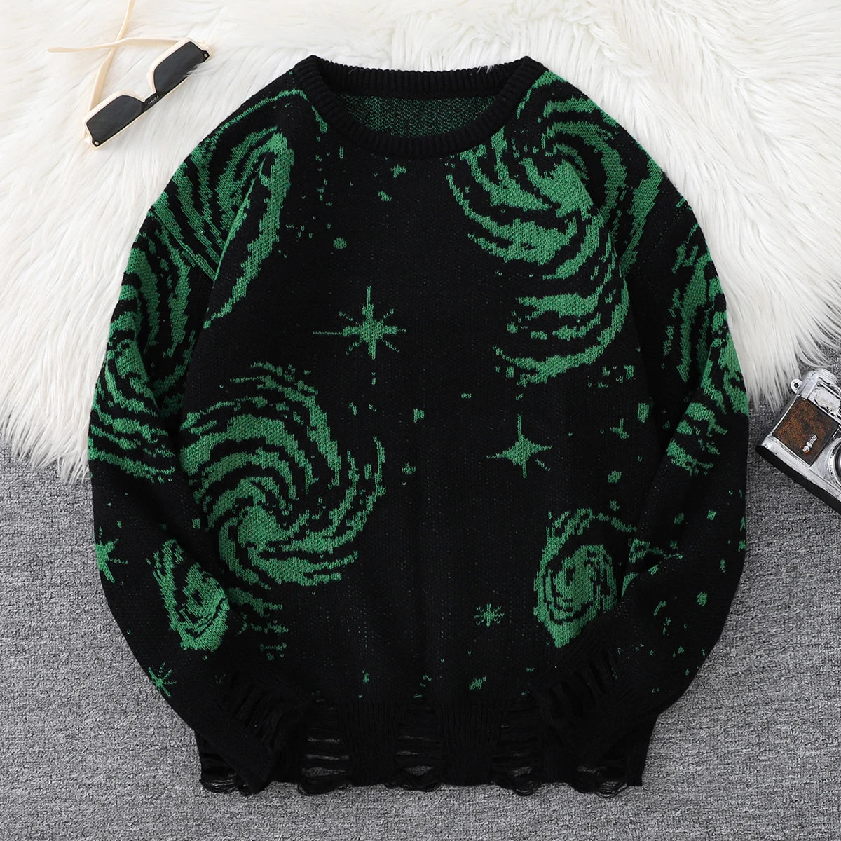 New Trendy Street Style Ripped Abstract Starry Sky Pattern Pullover Sweater Casual Round Neck Knitted Men's Pullover
