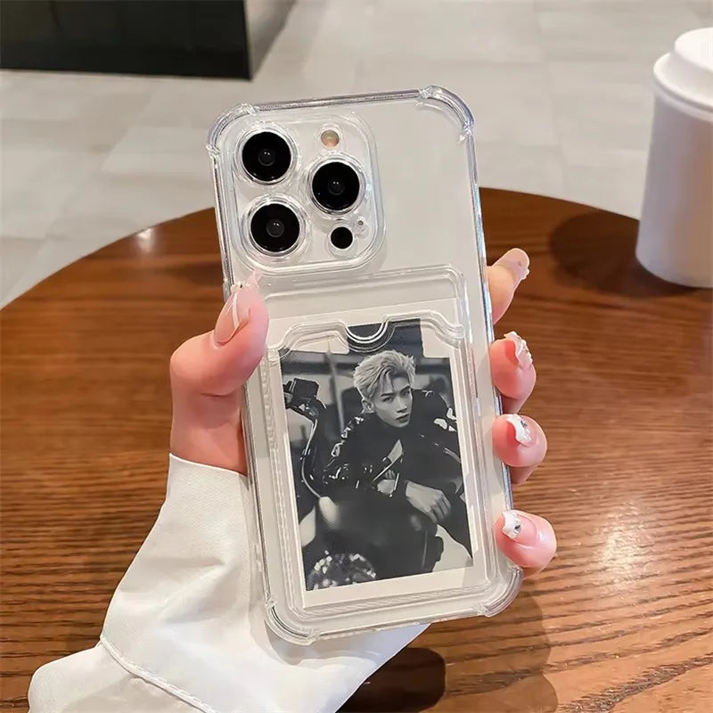 Transparent Card Slot Bag Holder Case For iPhone 17 18 Pro 16 15 13 11 12 14 Pro Max Plus 16e Clear Wallet Shockproof Soft Cover