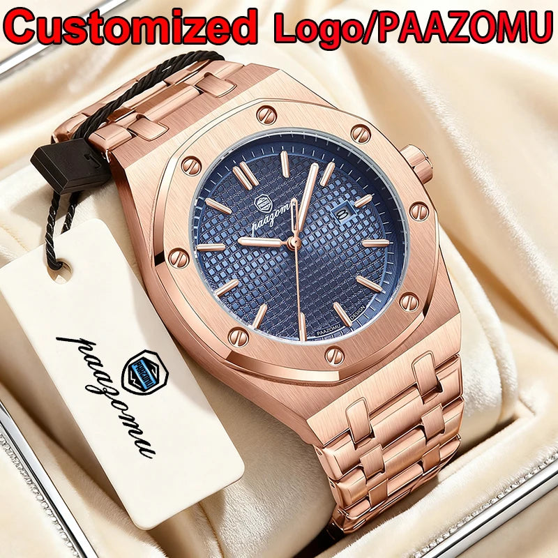 Customized Watch PAAZOMU Business Man Wristwatch Waterproof Luminous Date Men Watch Stainless Steel Quartz Watches For Men Reloj