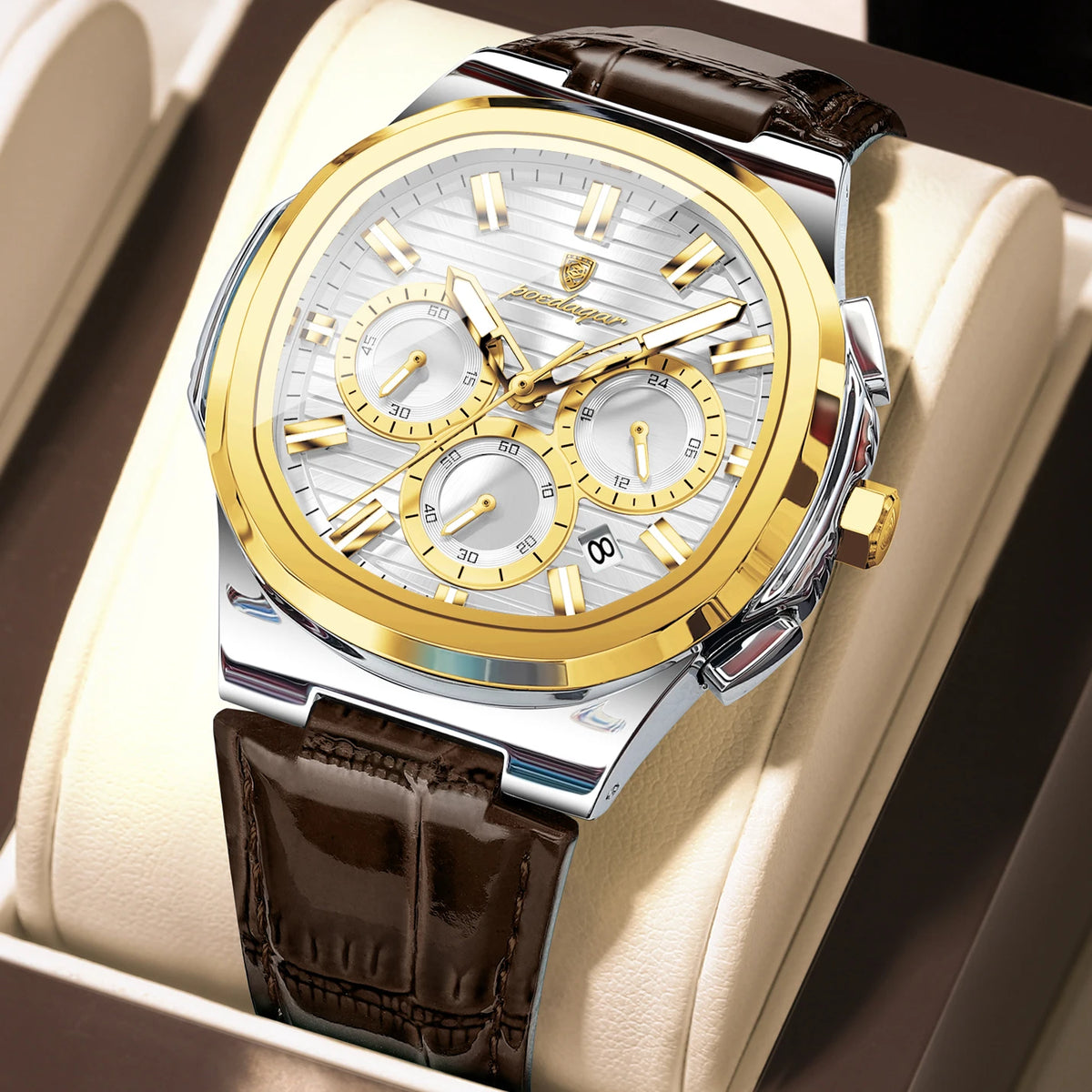 POEDAGAR Top Original Man Watch Leather Waterproof Luminous Fashion Men Clock