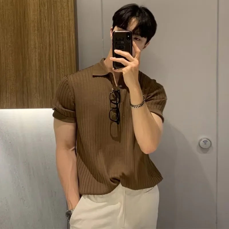Summer New Men Knitted Shirts Short Sleeve Polo T-Shirts