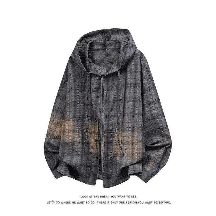 Unisex Plaid Long Sleeve Hooded Shirt Loose Sun Protection Outerwear American Retro Couple's Shirt Jacket Men's Top