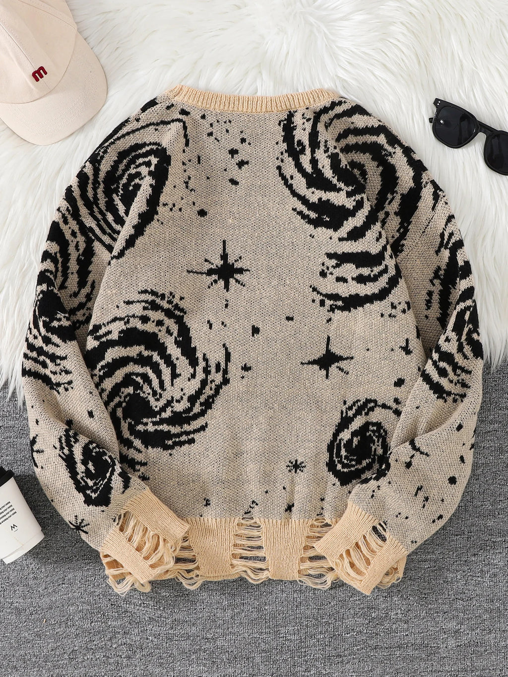 New Trendy Street Style Ripped Abstract Starry Sky Pattern Pullover Sweater Casual Round Neck Knitted Men's Pullover