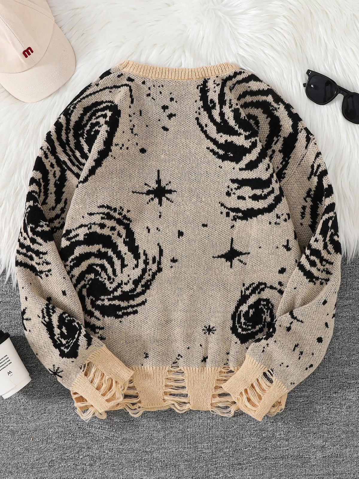 New Trendy Street Style Ripped Abstract Starry Sky Pattern Pullover Sweater Casual Round Neck Knitted Men's Pullover