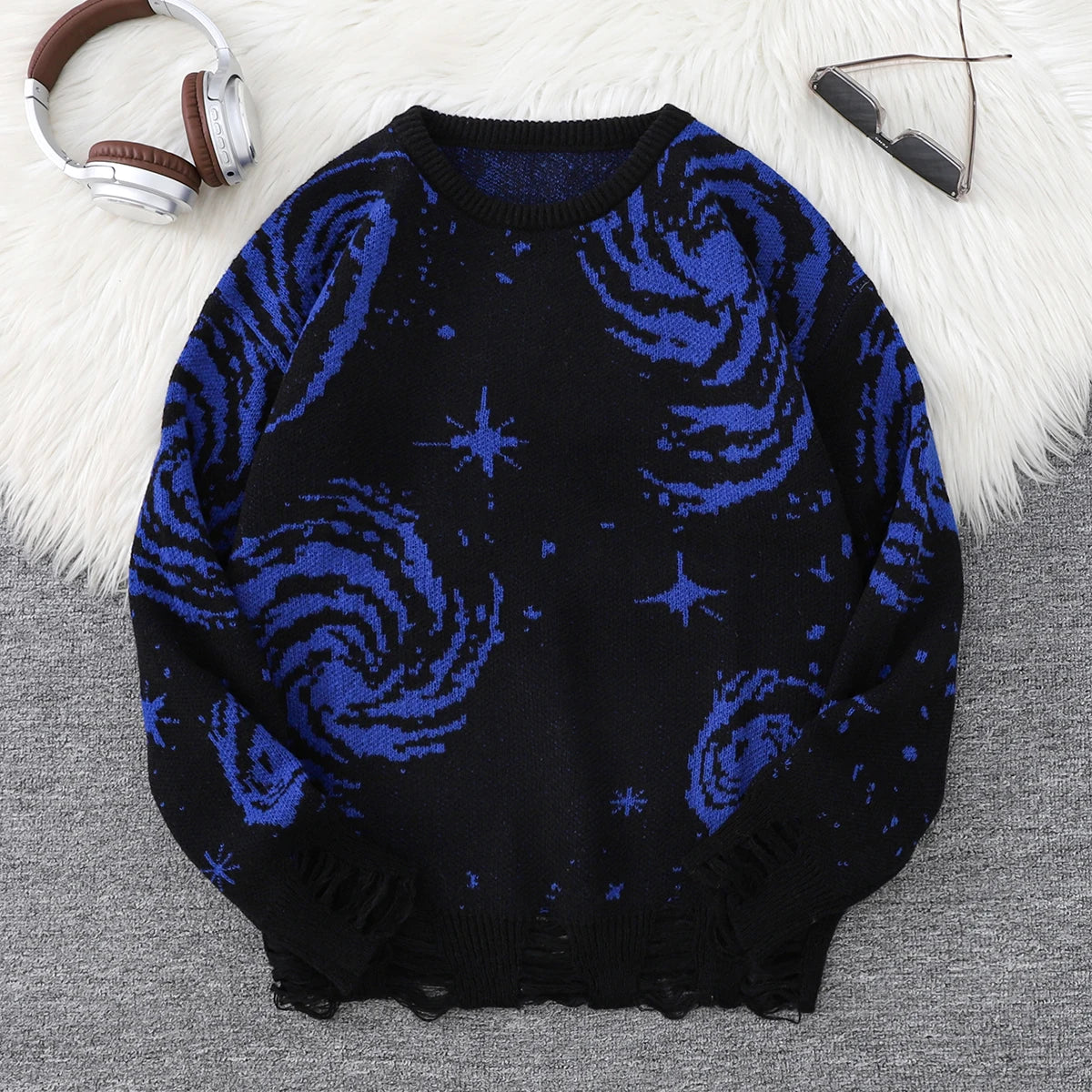 New Trendy Street Style Ripped Abstract Starry Sky Pattern Pullover Sweater Casual Round Neck Knitted Men's Pullover