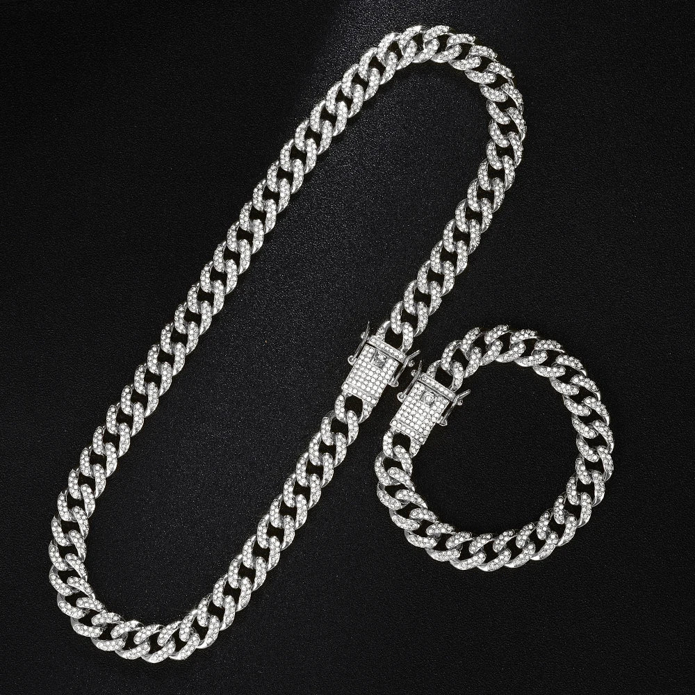 13mm Necklace +Watch+Bracelet Hip Hop Miami Cuban Chain Iced Out Paved Rhinestone CZ Bling Rapper For Men Jewelry KIT Jewelry