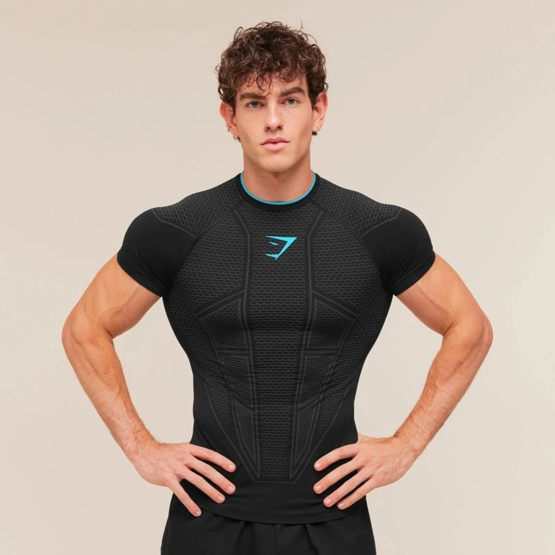 GYMSHARK ONYX V1 Men's Fitness Tight Top, GYMSHARK Fitness Running Shapewear T-shirt