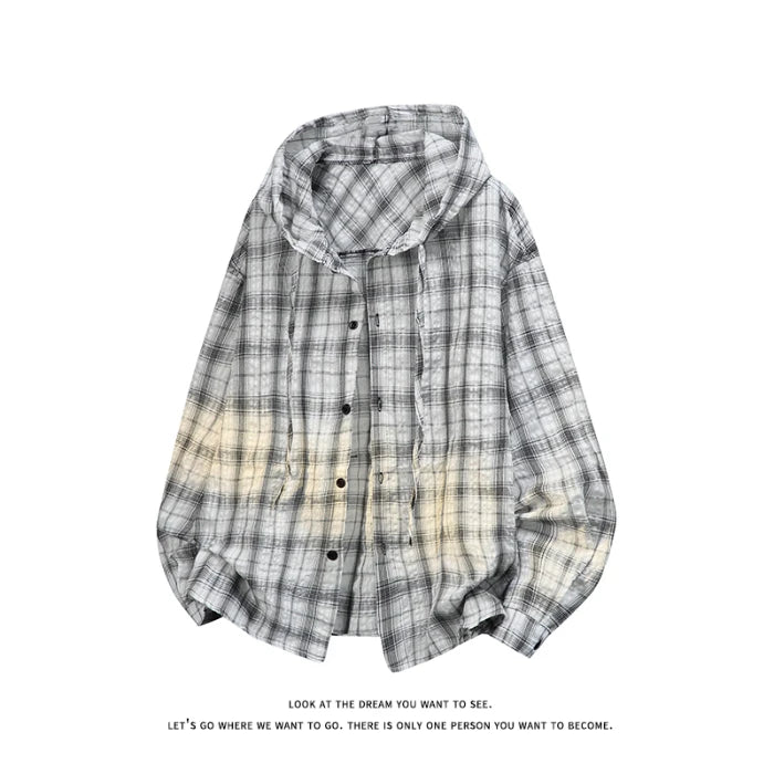 Unisex Plaid Long Sleeve Hooded Shirt Loose Sun Protection Outerwear American Retro Couple's Shirt Jacket Men's Top