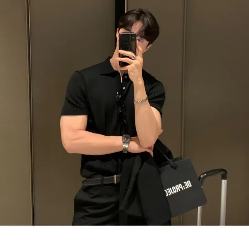 Summer New Men Knitted Shirts Short Sleeve Polo T-Shirts