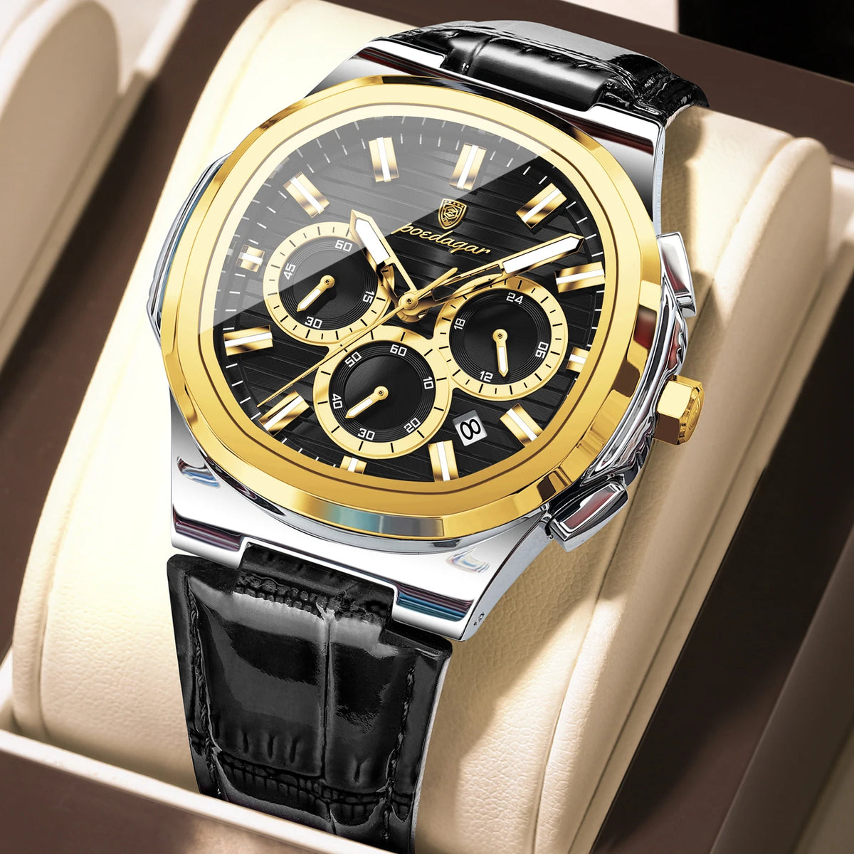 POEDAGAR Top Original Man Watch Leather Waterproof Luminous Fashion Men Clock