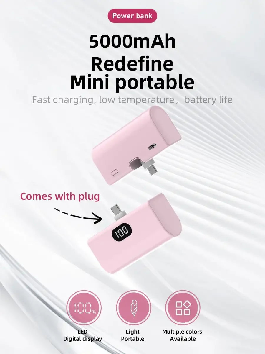 5000mAh Mini Portable Power Bank, Type-C Foldable Plug, PD10W, LED Battery Display, Plug-And-Play, Suitable For Charging IOS 17/16/15 Devices, Android Devices, Headphones, Speakers And Other Type-C Mobile Device