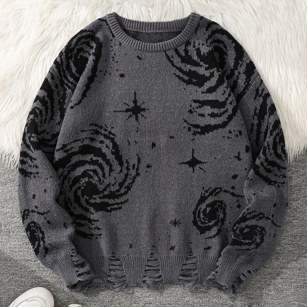 New Trendy Street Style Ripped Abstract Starry Sky Pattern Pullover Sweater Casual Round Neck Knitted Men's Pullover