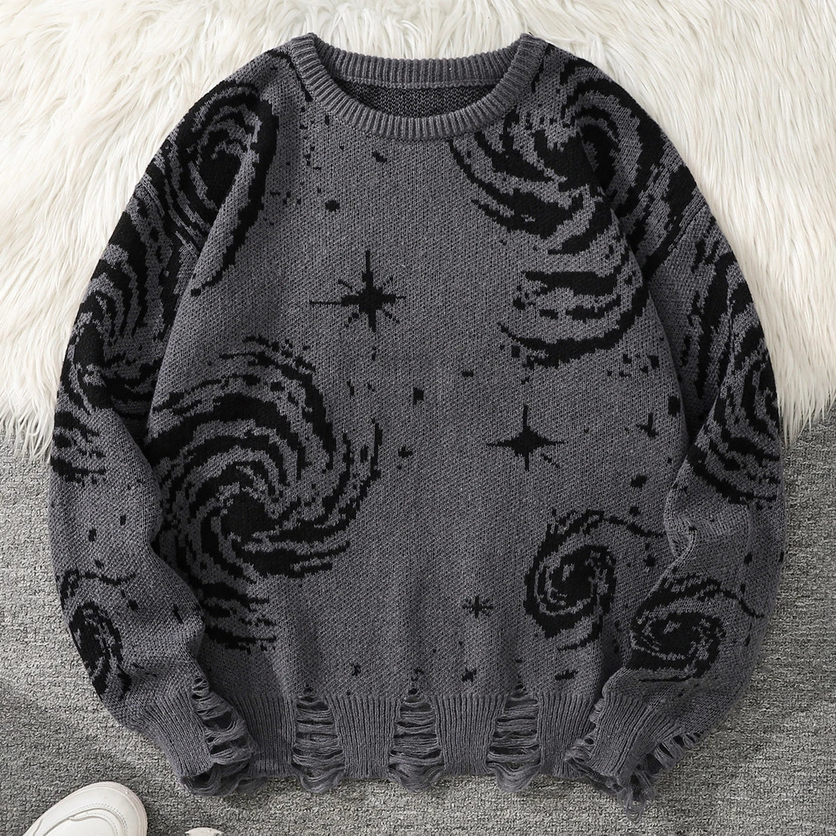 New Trendy Street Style Ripped Abstract Starry Sky Pattern Pullover Sweater Casual Round Neck Knitted Men's Pullover
