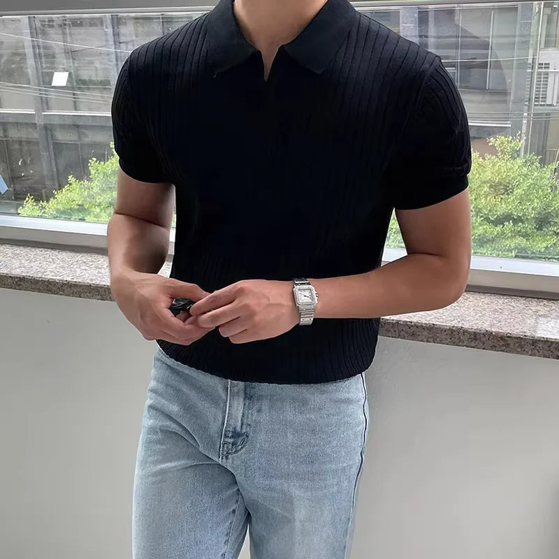 Summer New Men Knitted Shirts Short Sleeve Polo T-Shirts