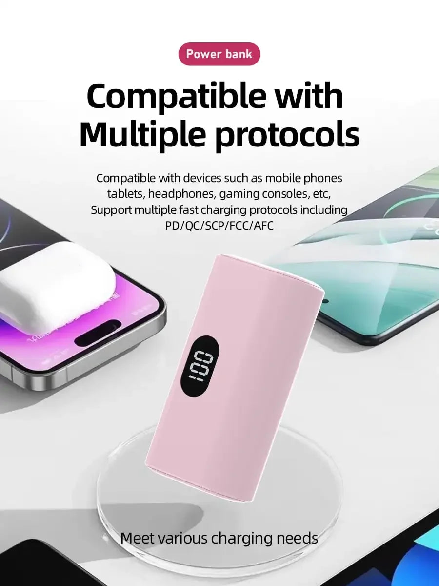5000mAh Mini Portable Power Bank, Type-C Foldable Plug, PD10W, LED Battery Display, Plug-And-Play, Suitable For Charging IOS 17/16/15 Devices, Android Devices, Headphones, Speakers And Other Type-C Mobile Device