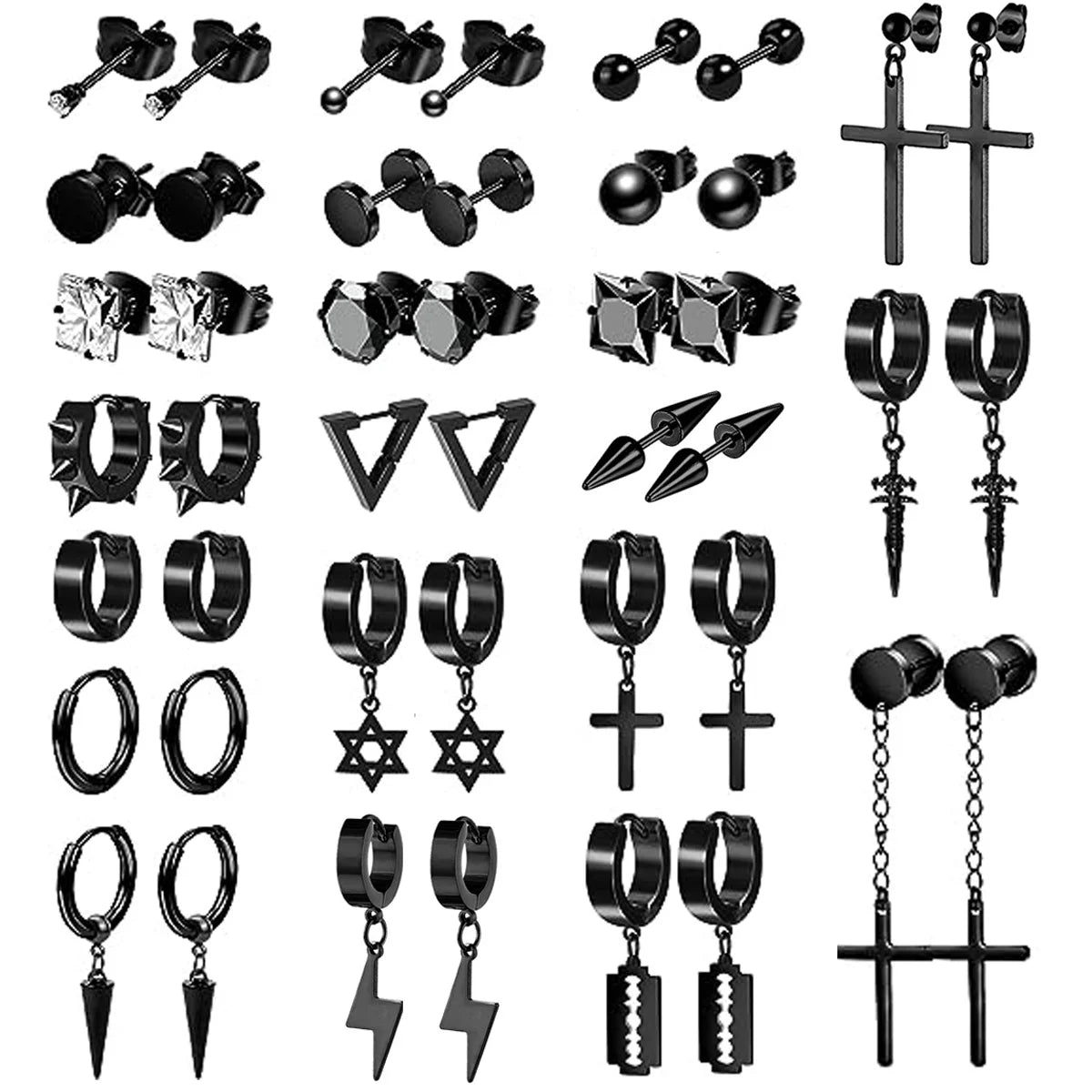 22 piece black men's earring set stainless steel small hug circle earrings cross studs and earrings