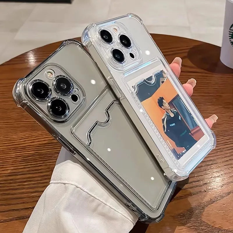 Transparent Card Slot Bag Holder Case For iPhone 17 18 Pro 16 15 13 11 12 14 Pro Max Plus 16e Clear Wallet Shockproof Soft Cover