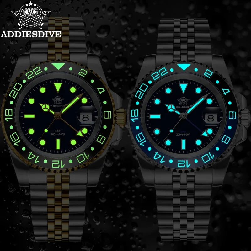 ADDIESDIVE AD2050 Men's GMT Watch Swiss Ronda 515-24 BGW9 Super Luminous 20Bar Waterproof Reloj Quartz Watches