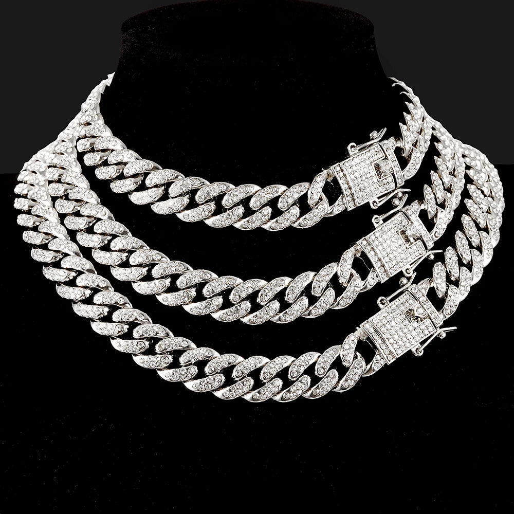 13mm Necklace +Watch+Bracelet Hip Hop Miami Cuban Chain Iced Out Paved Rhinestone CZ Bling Rapper For Men Jewelry KIT Jewelry