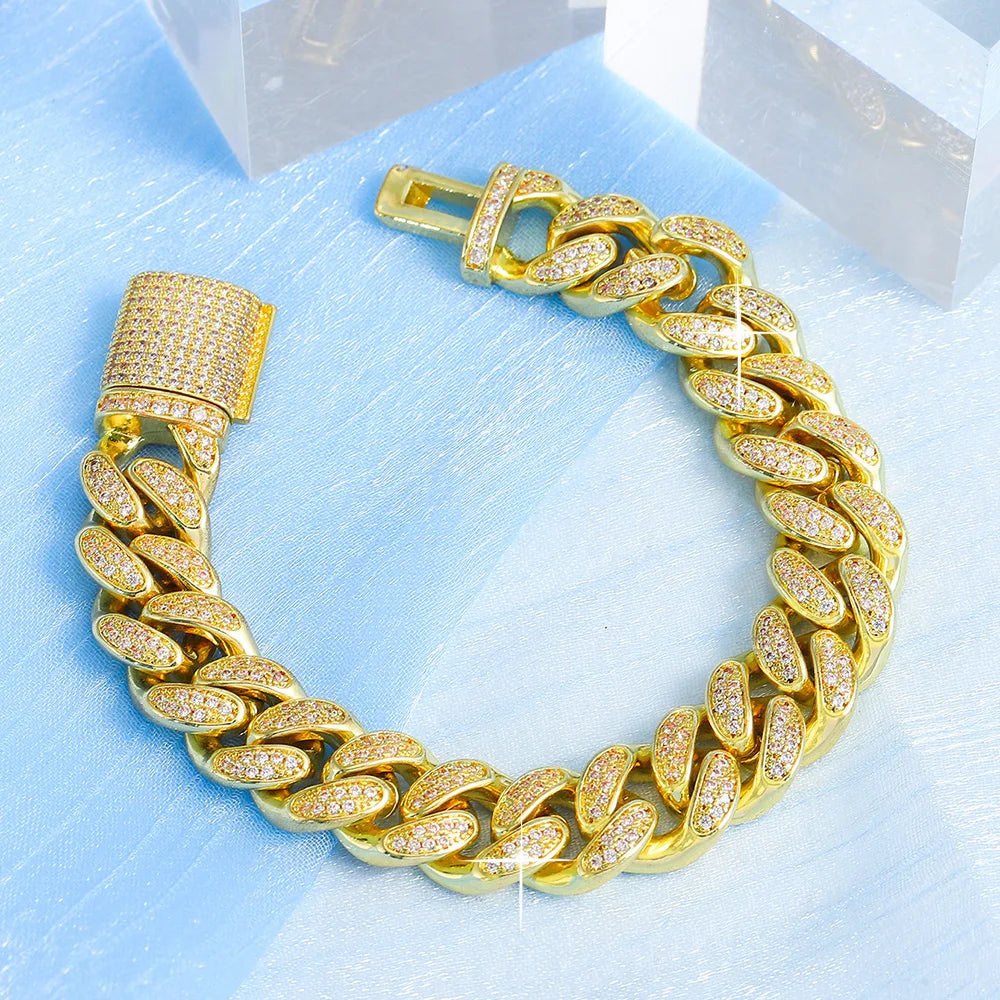 Hip Hop 12MM 2Row Cuban Prong Chain Bling Iced Out Box Buckle Copper 5A+ Cubic Zirconia Bracelet For Men Jewelry Women