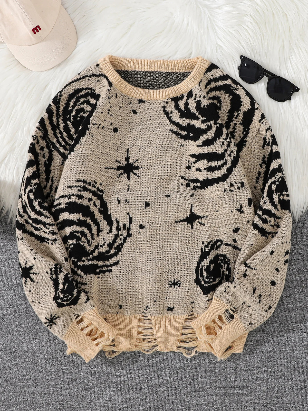 New Trendy Street Style Ripped Abstract Starry Sky Pattern Pullover Sweater Casual Round Neck Knitted Men's Pullover