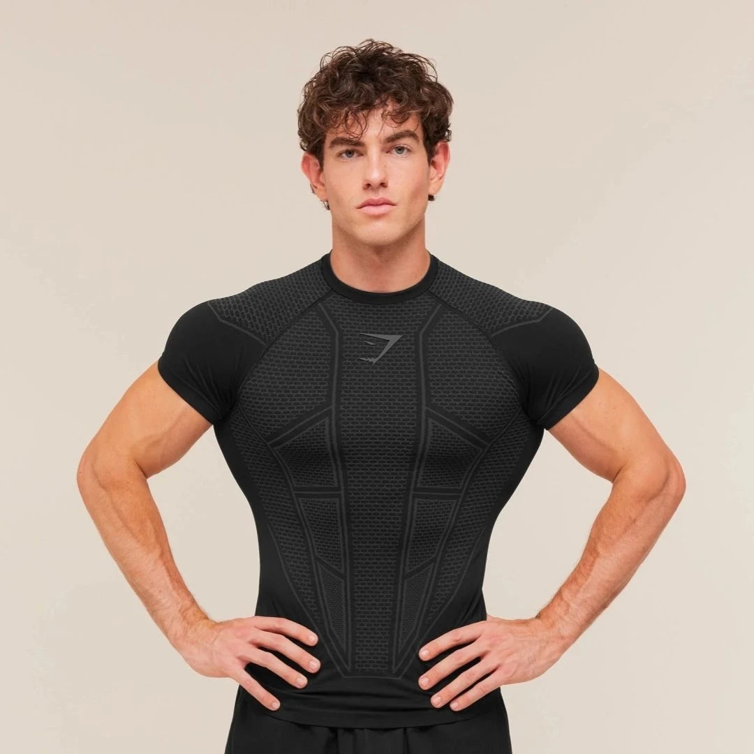 GYMSHARK ONYX V1 Men's Fitness Tight Top, GYMSHARK Fitness Running Shapewear T-shirt