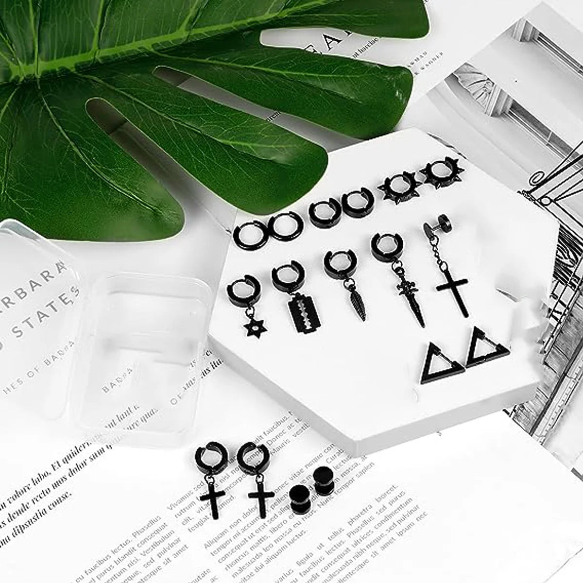 22 piece black men's earring set stainless steel small hug circle earrings cross studs and earrings